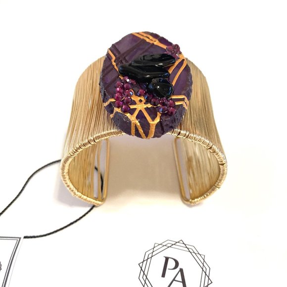 Gold Plated Bangle with Purple Agate Stone - Picture 3 of 6